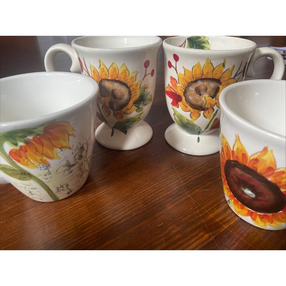 Set of 4 Sunflower Bunch by Maxcera Footed Mugs Excellent Condition Large 20oz